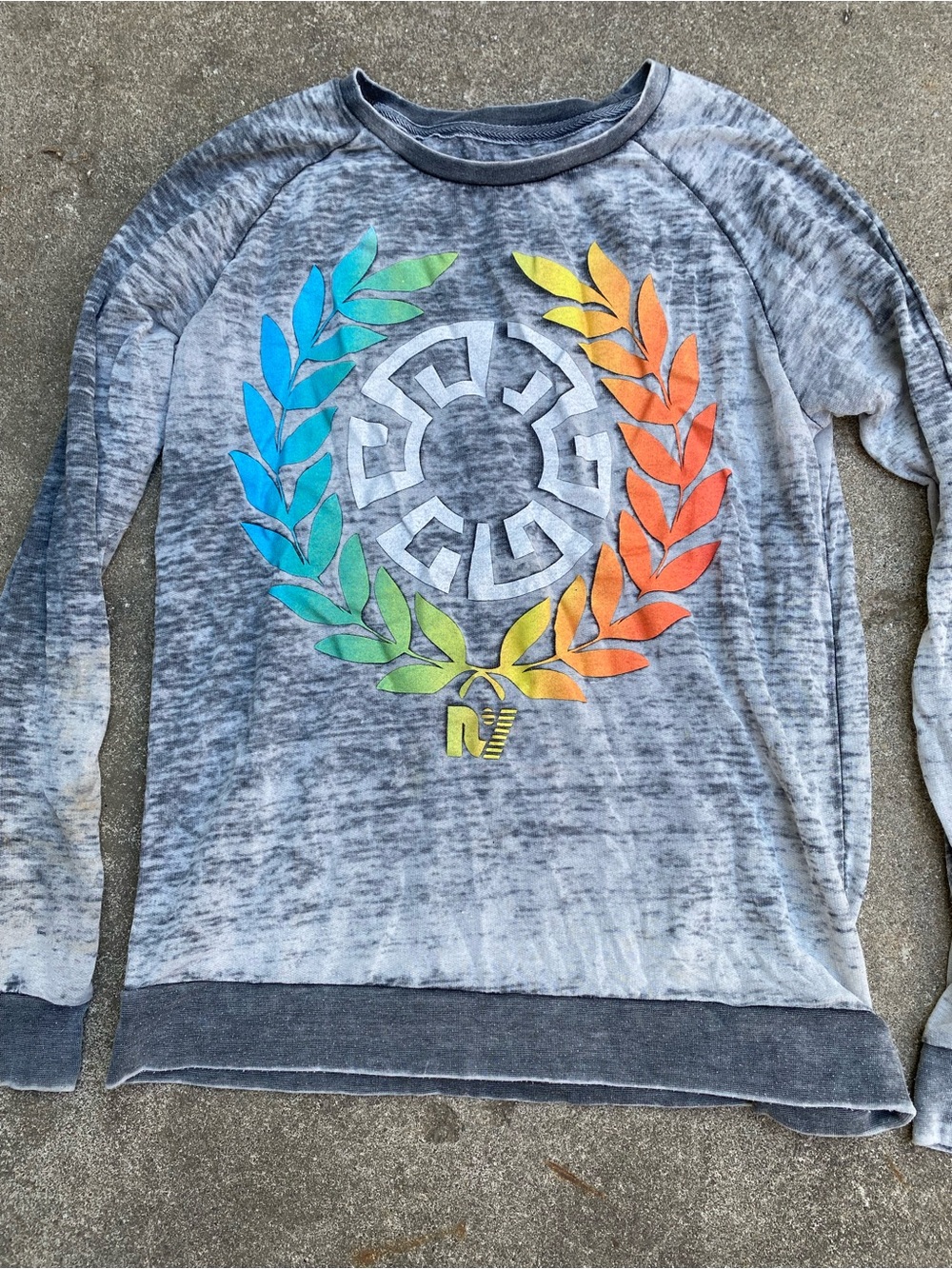 Rebel Yell Y2K Acid Wash Distressed Sweatshirt Rainbow Color Crest Wreath Logo